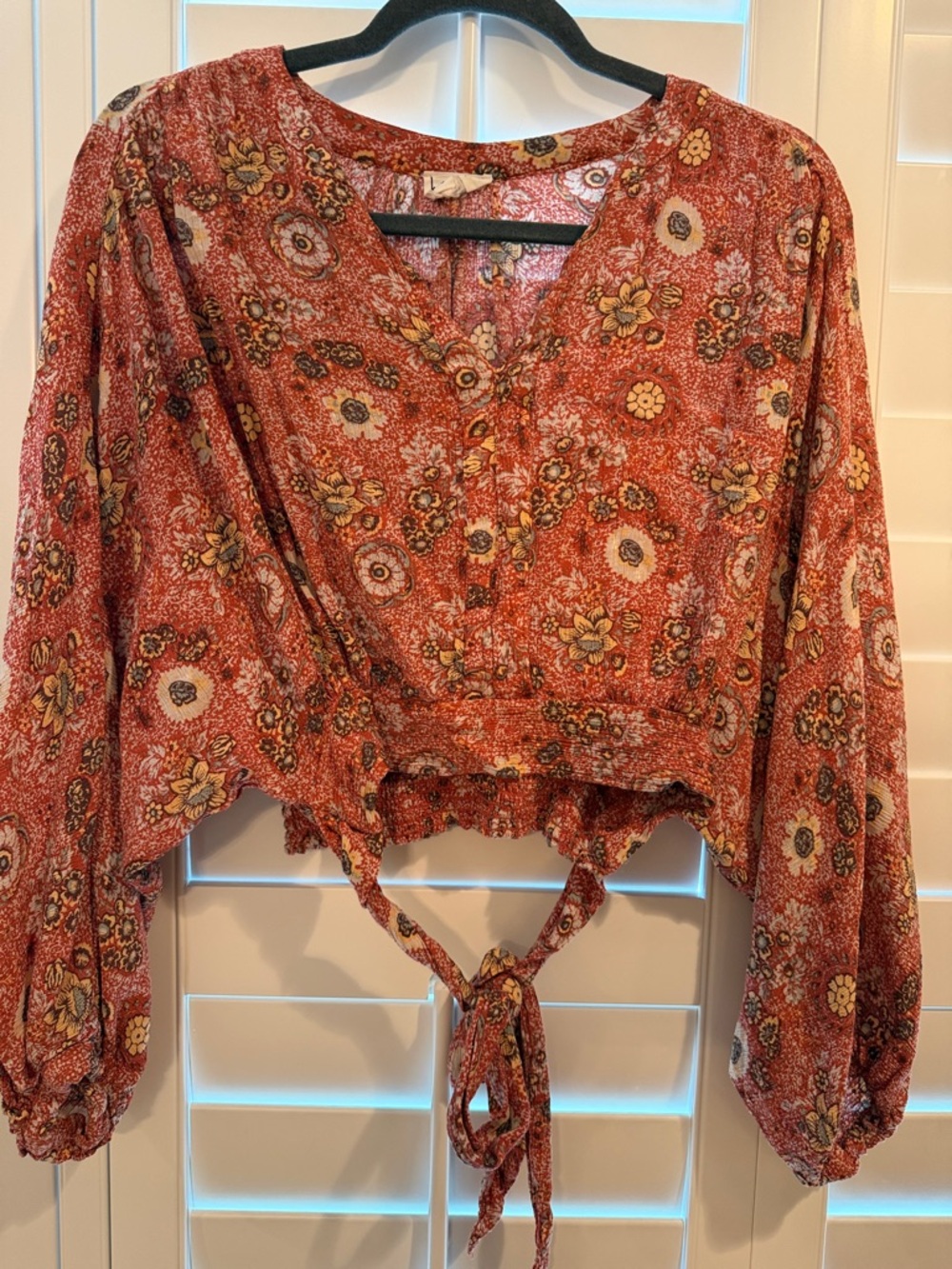 Nicole Miller Rust Floral Tie-Front Crop Top